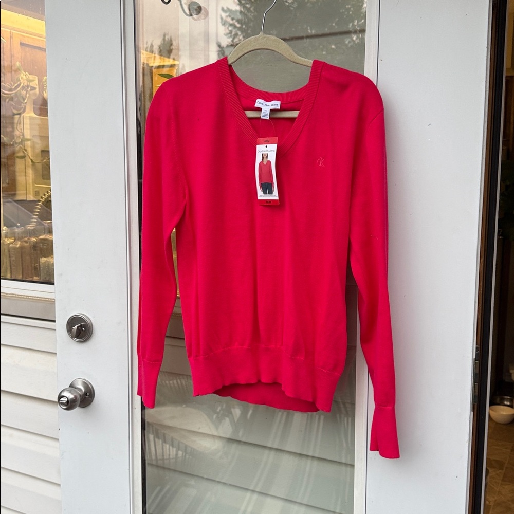 Calvin Klein Vibrant Pink/Red Knit V Neck Pullover NWT